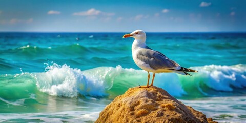 Serene Seagull Perched on Coastal Rock, Ocean Waves Crashing in the Background