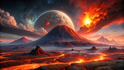A Fiery Volcanic Landscape Under a Celestial Display of Planets and Burning Nebulae
