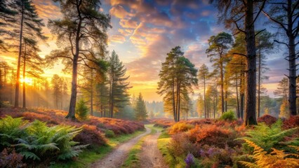 A Serene Forest Path at Sunrise, Bathed in Golden Light, Winding Through Vibrant Autumnal Foliage and Lush Greenery