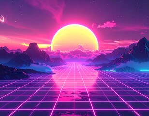 Retrofuturistic landscape with a vibrant sun and gridded path