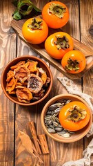 Fresh persimmons and dried fruit on a wooden table