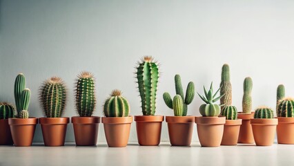 A Collection of Diverse Succulents in Terracotta Pots Arranged in a Row Against a Subtle Light-Colored Background