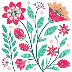 Fototapeta premium Vibrant folk art style floral arrangement with blooming flowers and green leaves on white background