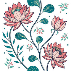 Elegant pink lotus flowers and teal leaves with delicate branches on white background