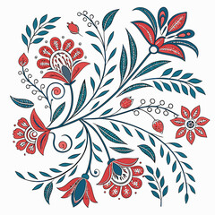 Intricate folk art floral pattern with red and teal flowers and leaves on white background
