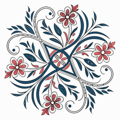 Intricate floral mandala design with coral pink flowers and dark blue leaves on a white background