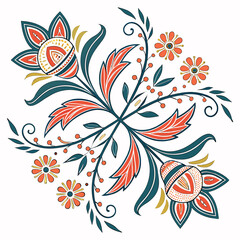 Decorative floral motif with stylized flowers leaves and berries in coral teal and gold colors