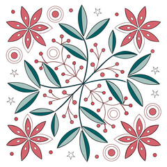 Fototapeta premium Decorative mandala pattern with red berries green leaves pink flowers and stars