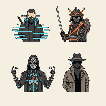 Four stylized illustrations showcase futuristic characters: a ninja, samurai, cyborg, and detective, each with distinct features and attire.