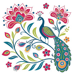 Vibrant peacock perched on a branch surrounded by stylized flowers and leaves