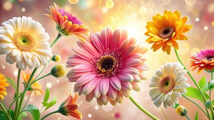 Vibrant Gerbera Daisies in a Festive Floral Arrangement with a Soft, Dreamy Background