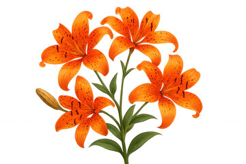 Orange tiger lilies displaying vibrant petals, green foliage, budding flower, against transparent backdrop