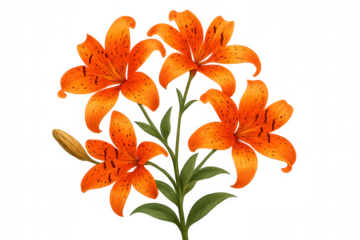 Orange tiger lilies displaying vibrant petals, green foliage, budding flower, against transparent backdrop