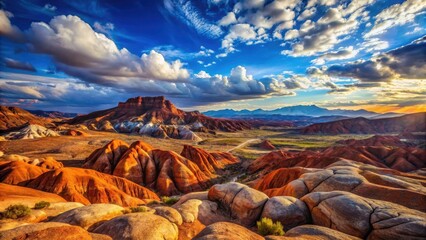 A breathtaking panorama of vibrant, sculpted earth formations bathed in the golden hues of sunset, under a dramatic sky filled with fluffy clouds