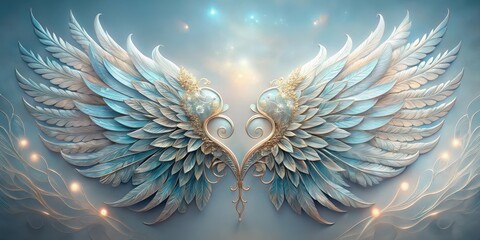 Ornate Angelic Wings with Gold Accents and Subtle Glowing Lights on a Soft Blue Background