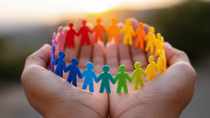 Diversity inclusion workplace concept with colorful paper people holding hands in human hands symbolizing unity and support in bright sunlight