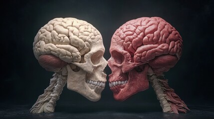 A striking image of two human skulls with contrasting brain designs, symbolizing the duality of thought and life, This visual can be used for educational materials, health articles