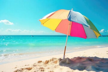 Vibrant beach umbrella providing shade on a sunny day, casting a shadow on the sand Perfect for summer vacation, relaxation, and coastal imagery , sky, landscape