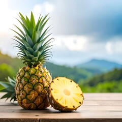 Fresh pineapple on wooden table, scenic view