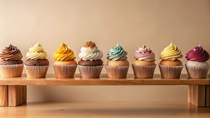 A delightful row of assorted cupcakes with vibrant frosting, elegantly displayed on a simple wooden shelf against a muted background, perfect for celebrations or sweet moments.
