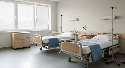 A clean and modern hospital room with two empty beds, bedside tables, and an IV stand, bathed in natural light from large windows.