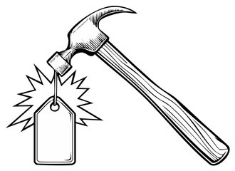 Hammer striking a price tag symbol with a dramatic burst effect