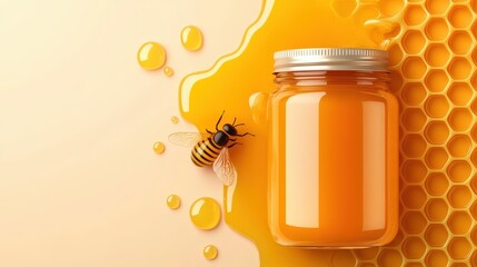 A vibrant image featuring a jar of honey next to a honeycomb and a bee, Ideal for culinary, health, or nature-themed projects and marketing materials, Great for food blogs or organic product ads,