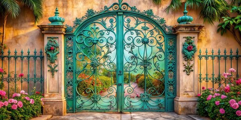 Ornate teal iron gate entrance to a vibrant secret garden pathway