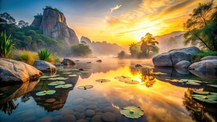 Serene Sunrise Over Misty Mountain Lake with Lily Pads and Smooth Rocks