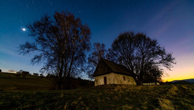 Rustic cottage under starry sky
