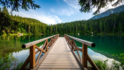 Serene lake vista with wooden bridge