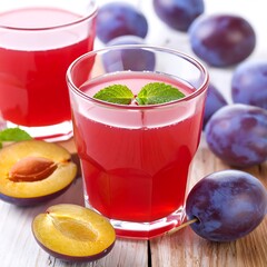 Fresh plum juice in glasses, surrounded by plums