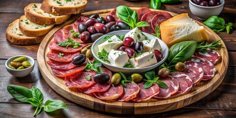 Fototapeta premium A delectable arrangement of cured meats, cheeses, olives, and herbs on a rustic wooden board, perfect for a sophisticated appetizer or party snack.