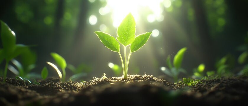 Fototapeta A small plant emerges from the soil, illuminated by sunlight filtering through trees in a tranquil forest setting, Ideal for themes of growth, nature, sustainability, and new beginnings,