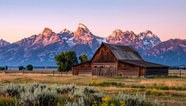 Rustic barn nestled in a grassy field with majestic, snow-capped mountain peaks silhouetted by a soft, pastel sunset glow - Powered by Adobe