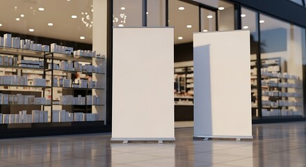 Empty White Vertical Banners in Modern Storefront with Bookshelves and Glass Windows