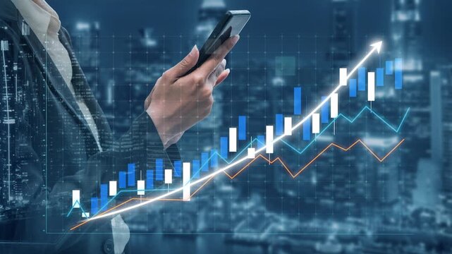 A business professional engages with a smartphone to analyze stock market trends, surrounded by financial graphs and a vibrant city skyline at night, highlighting modern finance. Copula - Powered by Adobe