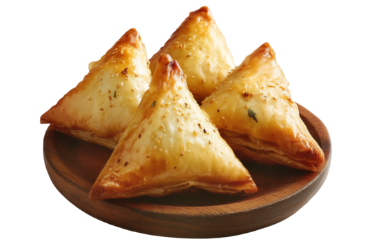 Briouat triangular fruit filled pastries, phyllo pastries filled with meat or almonds isolated on white transparent background, concept of Arabic sweet baked desserts