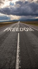 Naklejka premium The word freedom painted on a long empty highway stretching towards a dramatic sky