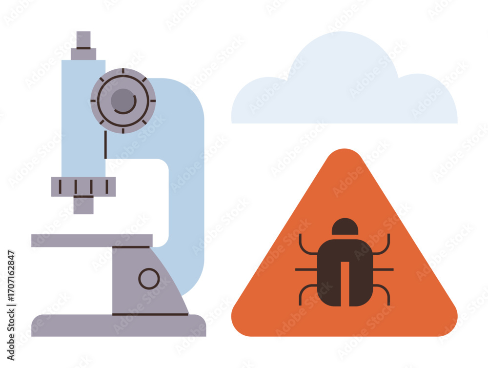 Poster microscope and triangular warning sign with bug symbol under a cloud. ideal for science, research, i