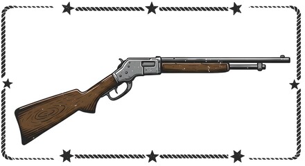 Bold retro Winchester rifle vector, engraved woodcut lines, distressed texture, western flourishes, authentic Wild West.