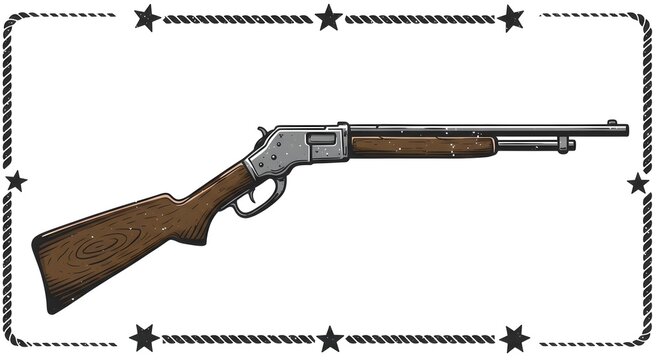 Bold retro Winchester rifle vector, engraved woodcut lines, distressed texture, western flourishes, authentic Wild West.