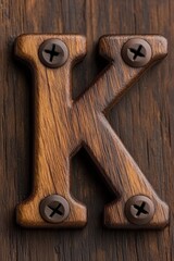 Fototapeta premium A close-up image of a wooden letter K with decorative screws affixed to a textured background, Ideal for branding, home decor, or artistic projects, this image adds a personalized touch to designs,