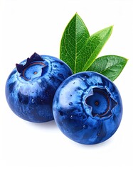 Two plump, dark blue blueberries with fresh green leaves are isolated on a stark white background, rendered in detailed closeup