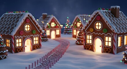 Gingerbread house village decorated with christmas lights and candy canes on snow