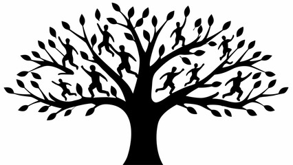 Obraz premium Silhouette of a tree with human figures climbing and running through the branches and among the leaves