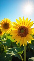 Fototapeta premium Vibrant sunflowers bask in the golden sunlight of a perfect summer day, their petals reaching towards the clear blue sky A picturesque scene of abundant agricultural bounty , vibrant, rays, yellow