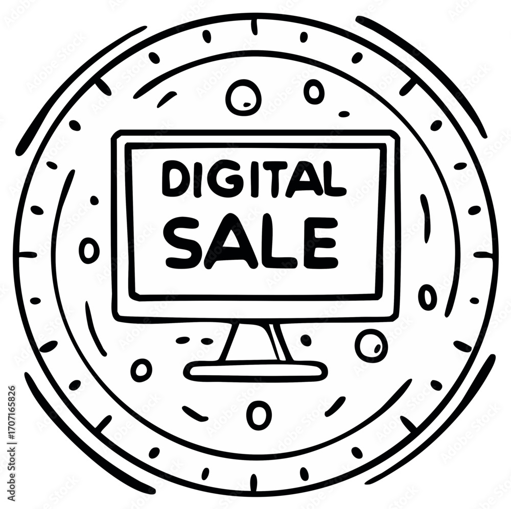 Fototapete hand drawn computer screen displays digital sale message in circular frame with abstract elements