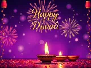 Glowing Diwali Celebration: Oil Lamps with Firework on a Festive Background
