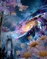 Cosmic landscape with vibrant floral elements. Universe key system, universe key system for energy, proven universe key system unlocking vision